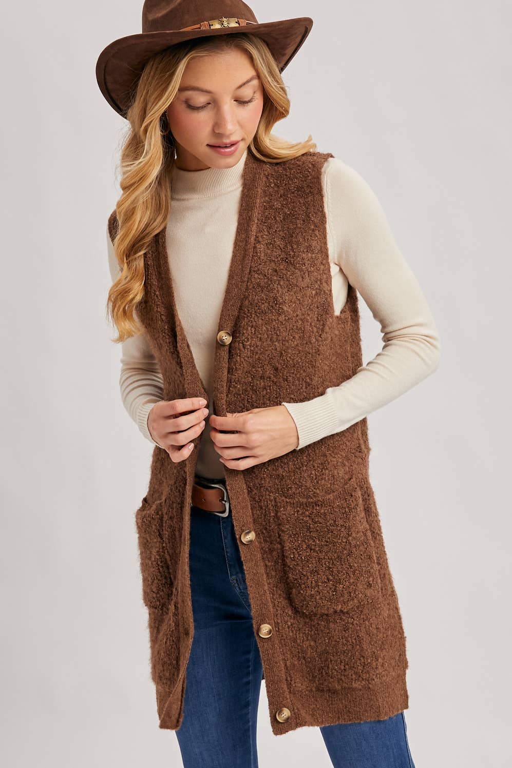 BUTTON DOWN V-NECK TEDDY KNIT LONG LINED VEST