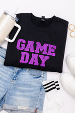 PREORDER: Embroidered Glitter Game Day Sweatshirt in Black/Purple