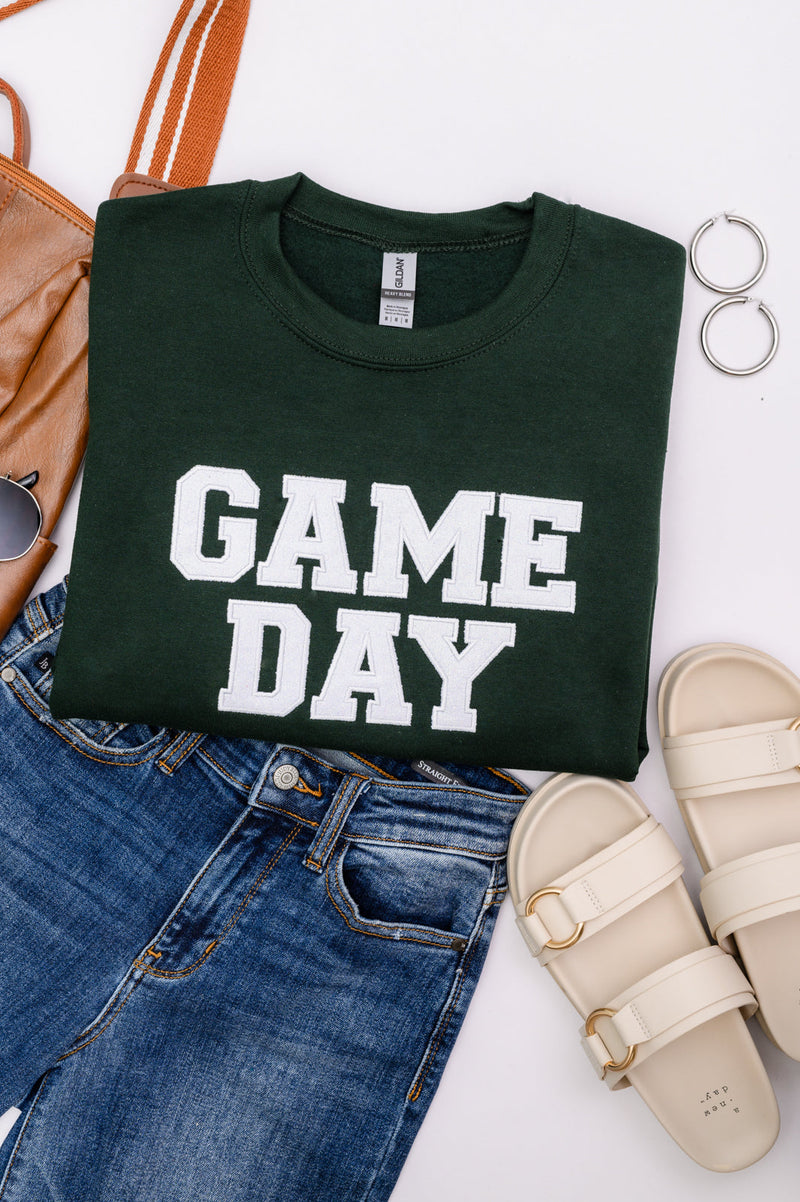 PREORDER: Embroidered Glitter Game Day Sweatshirt in Forest Green/White