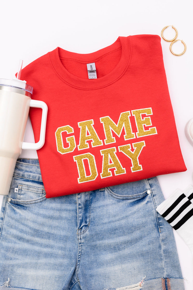 PREORDER: Embroidered Glitter Game Day Sweatshirt in Red/Golden Yellow