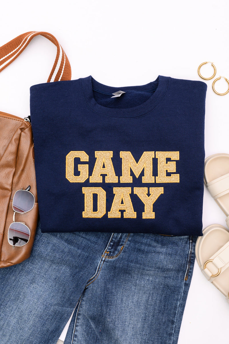 PREORDER: Embroidered Glitter Game Day Sweatshirt in Navy/Old Gold