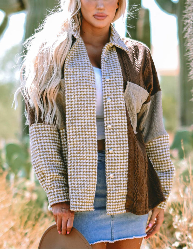 Khaki Houndstooth Color Contrast Textured Patchwork Loose Shacket