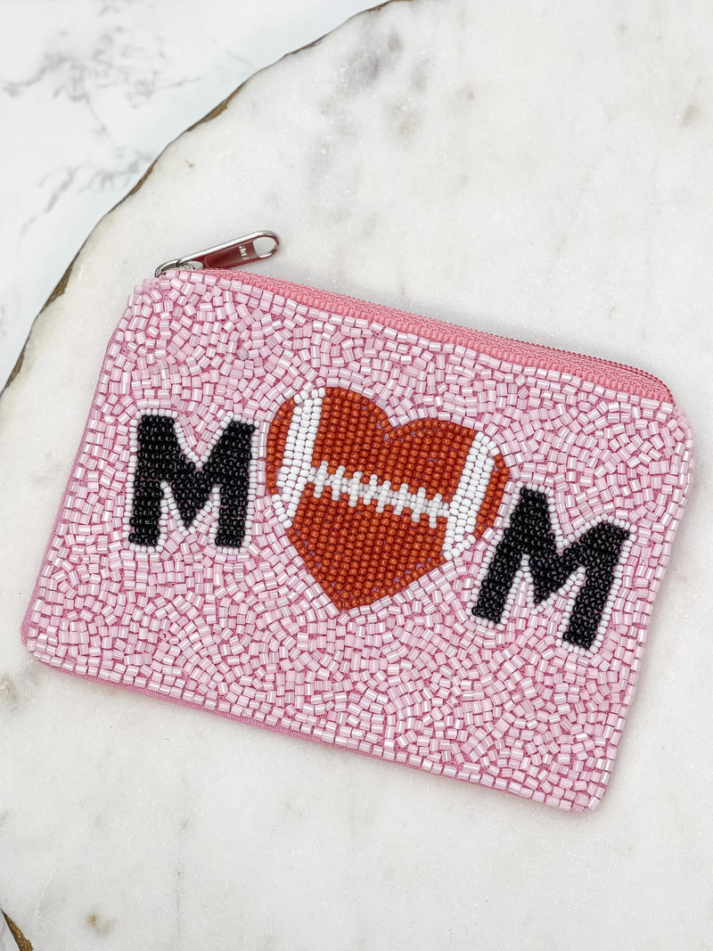 PREORDER: Football Heart 'Mom' Beaded Zip Pouch in Two Colors